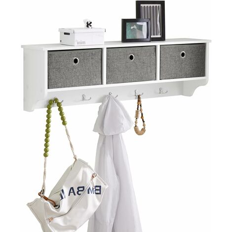 Sobuy – Portemanteau mural FRG282W – Étagère 3 tiroirs – Matériau effet bois – Fixation murale incluse – Pour entrée, chambre, salon