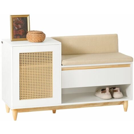 SoBuy Scarpiera con aspetto reticolare Panca con vano portaoggetti Panca per ingresso Cassettiera per bambini 100x35x60cm Bianco-Naturale FSR128-W