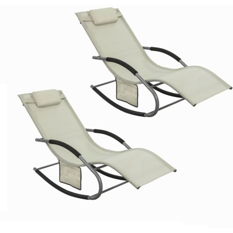 SoBuy Set of 2 Sun Lounger Garden Chair Recliner with Cushioned Pillow & Side Pocket Garden Rocking Chair with Steel Frame Outdoor Furniture Beige OGS28-MI