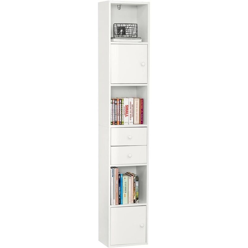 STR10-W Bibliothèque Étagère sur Pied Étagère de Rangement Meuble Colonne Classeur Armoire Haute pour Bureau, Salon, Chambre avec 2Portes et 2