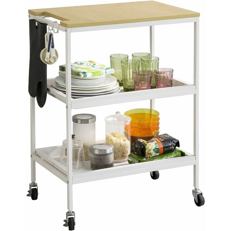 Sobuy - SVW13-W Chariot de Bar Chariot de Rangement à l'île de Cuisine Desserte à roulettes Table Roulante Chariot de Service Roulant avec 2 Plateaux