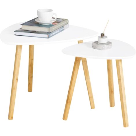 Sobuy – Lot de 2 tables basses gigognes – Pieds en bambou naturel – Plateau blanc MDF – Dimensions : 55x55x45cm et 40x40x40cm – FBT74W