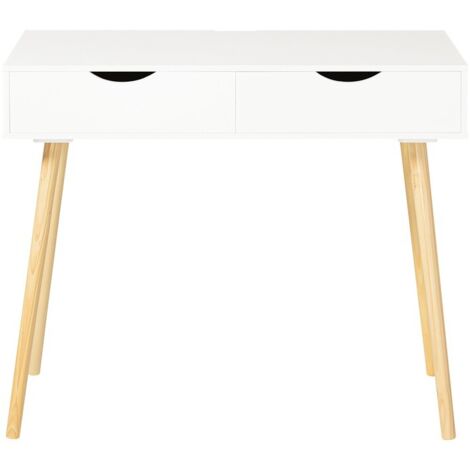 Sobuy – Table de bureau informatique 90x45cm avec 2 tiroirs – Plateau MDF – Pieds en bois de pin – Passe-câble intégré – FWT40WN