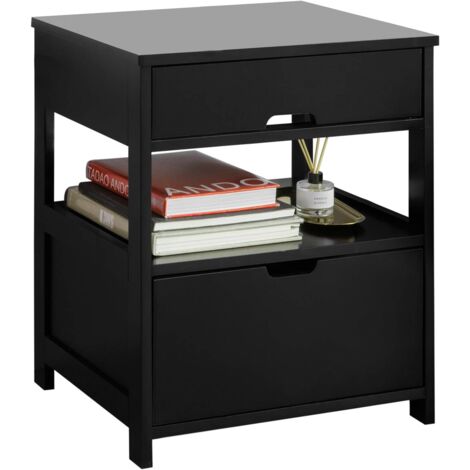Sobuy – Table de chevet moderne en bois MDF laqué noir – 2 tiroirs avec glissières métal – 1 étagère de rangement – FRG258SCH