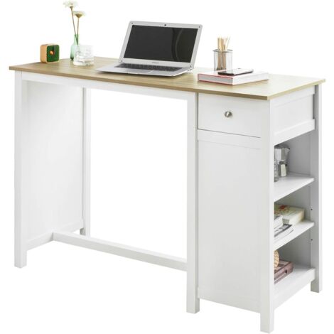 Sobuy – Table haute mange-debout blanche 120x55x90cm – 1 tiroir et 3 niches de rangement – Pour cuisine et salon – FWT64WN