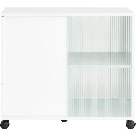 SoBuy Tavolino laterale con ruote salvaspazio Carrello con ante scorrevoli in vetro Bianco 75x35x61cm FBT141-W