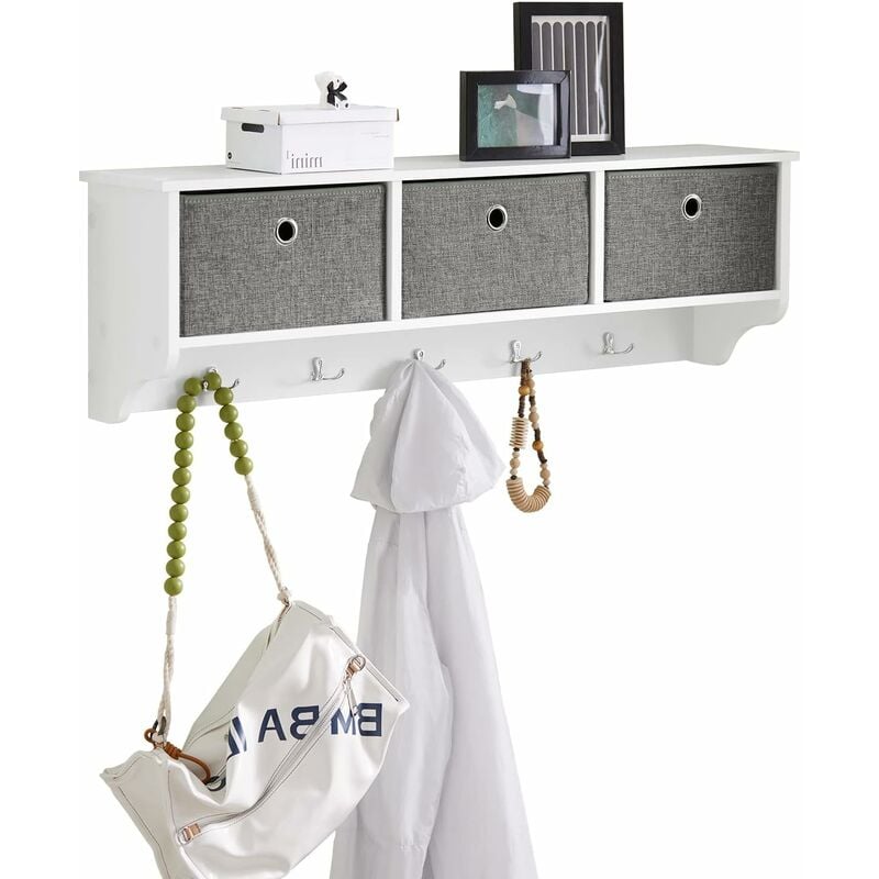 White Wood Wall Storage Cabinet Unit with 3 Baskets & Hooks FRG282-W - Sobuy
