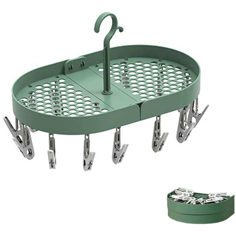 Sock Drying Rack, Hanging Clothes Drying Rack, Foldable, Multifunctional, with 360° Swivel Hook and 14 Clothes Pegs, for Lingerie, Socks, Towels