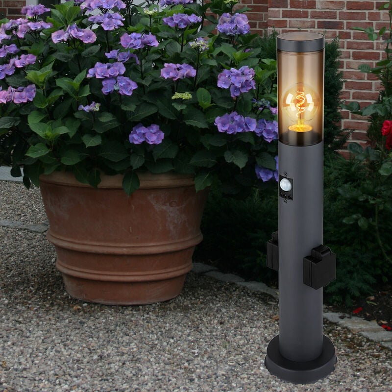 Lampe de socle LED avec prise de courant et détecteur de mouvement Colonne de prise de courant jardin avec lumière, acier inoxydable anthracite,