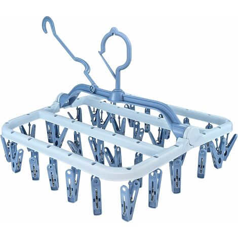 Sockentrockner Wäscheständer, Kunststoff Hängetrockner mit 32 Wäscheklammern, Falten Kleiderbügel für Unterwäsche Babykleidung Unterwäsche Socken Trockengestell (Blau)