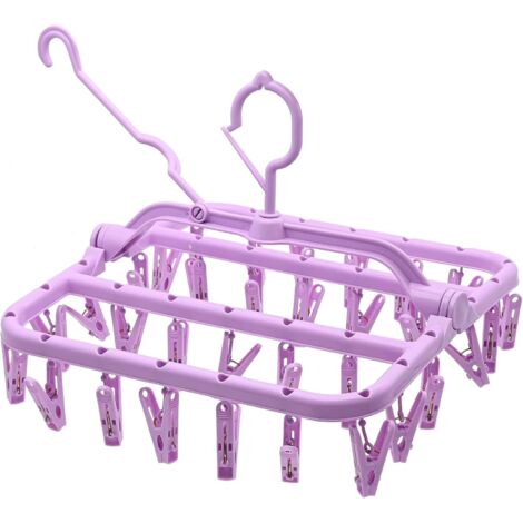 Sockentrocknerständer, Wäscheständer mit 32 Clips, Faltbarer Winddichter Sockentrocknerständer für Unterwäsche, Socken, Babykleidung, Handtücher, Kleiderbügel aus Kunststoff (Lila)