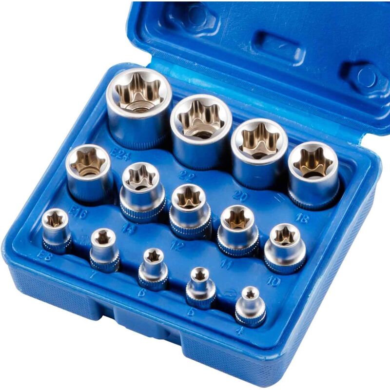 Socket and Bit Set for Wrench, 14 Piece E4-E24 E-Torx Hex Female Torx Socket Set