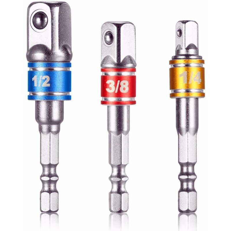 Socket Holder Adapters On Drill/Impact Driver. Tool Accessorie Lot Of 3 Adapter Square Hex Mandrel 1/4', 1/2', 3/8' In Chome Vanadium - Gdrhvfd