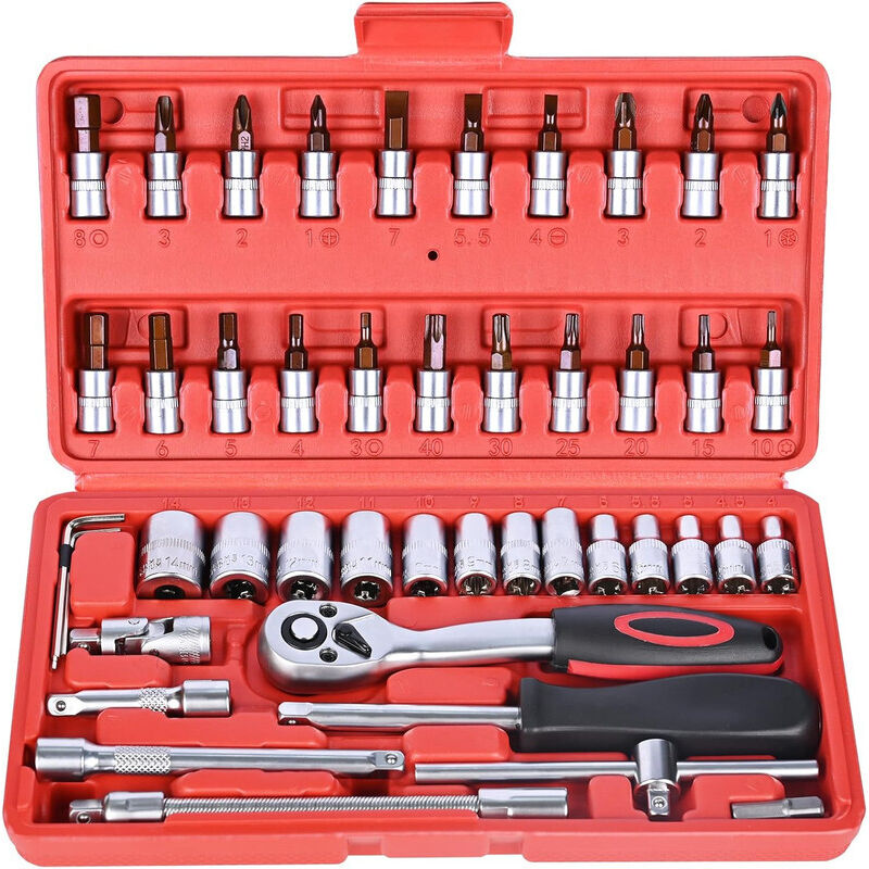 Socket Set 1/4'' – CHROMEmat – 46 Pieces for DIY, Auto Repair, Socket and Bit Set, Red
