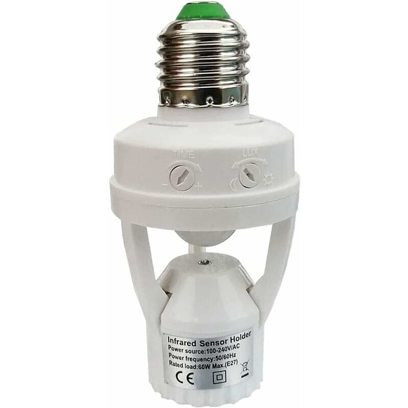 Socket with PIR motion detector for E27 base bulbs for indoor use with time and light adjustment.