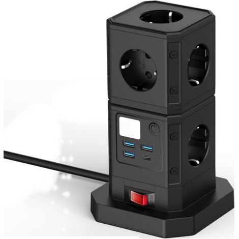 Socket With Usb Berker Socket Type C (Max. 250 V / 10 A / 2500W),Cubic Socket With Led Light, Multi-Functional Smart Plug, Corded Plug Board(9 Ac+3 Usb+Type C,Black) Eu-Size