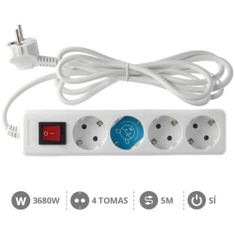 Socle multiple 4 prises, interrupteur lumineux et câble 5m blanc 000000794