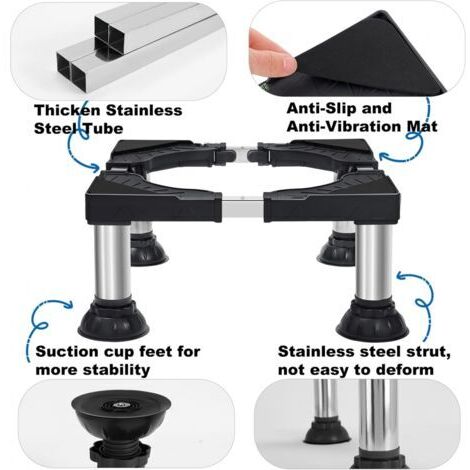 Socle pour machine à laver avec 4 pieds à ventouses, capacité de charge de 200 kg, largeur réglable (40-62 cm), hauteur réglable (17,7-21 cm), noir.