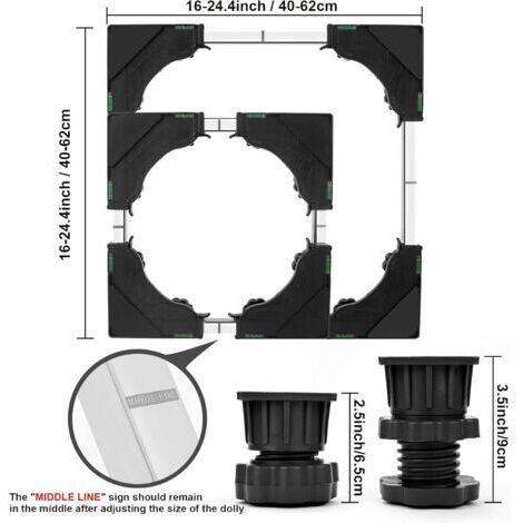 Socle pour machine à laver avec 4 roulettes verrouillables et 8 pieds souples, capacité de charge de 300 kg, largeur réglable (40-62 cm), hauteur réglable (11-12,5 cm) et comprend un support pour appa