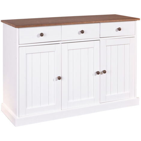 SOCOA - Buffet 3 Portes 3 Tiroirs Bois Massif Vernis Sepia et Blanc
