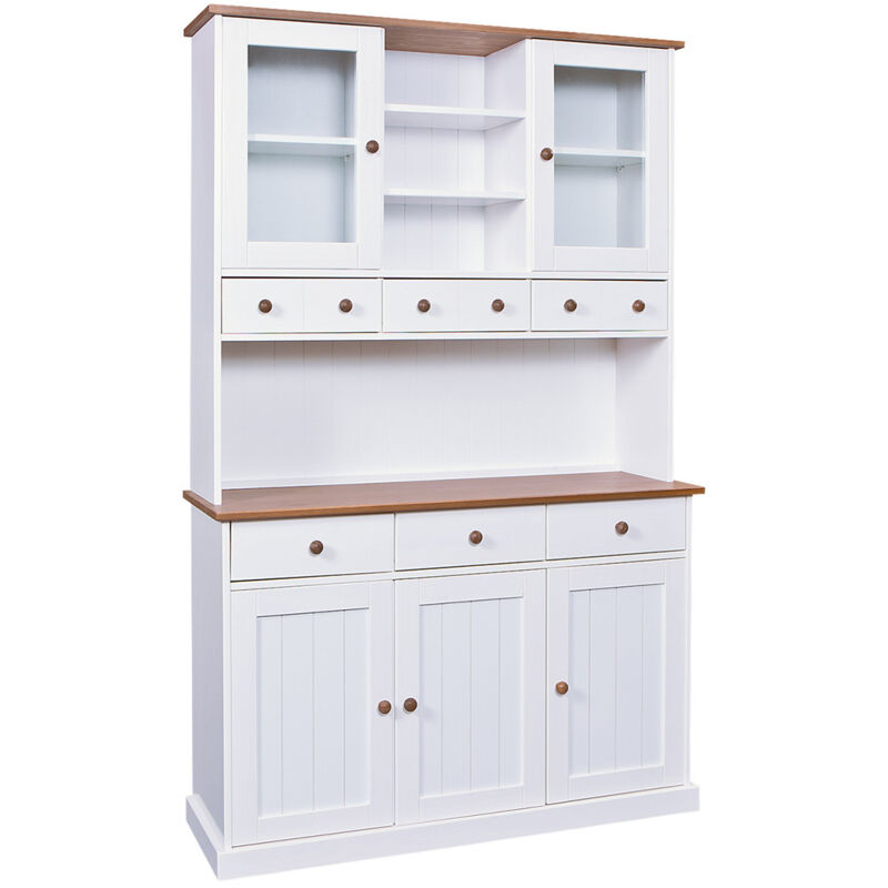 Altobuy - socoa - Buffet Vaisselier 5 Portes 6 Tiroirs Bois Massif Vernis Sepia et Blanc