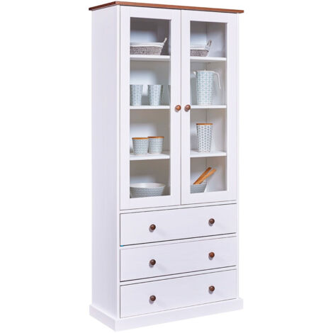 SOCOA - Vitrine 2 Portes 3 Tiroirs en MDF Laqué Blanc