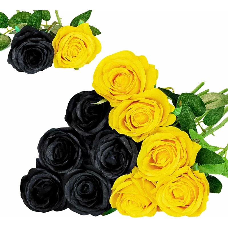 Ineasicer - 12 Pièces Roses Artificielles Bouquet de Fleurs Faux Soie Fleurs Home Wedding Party Decor(Noir, Jaune)
