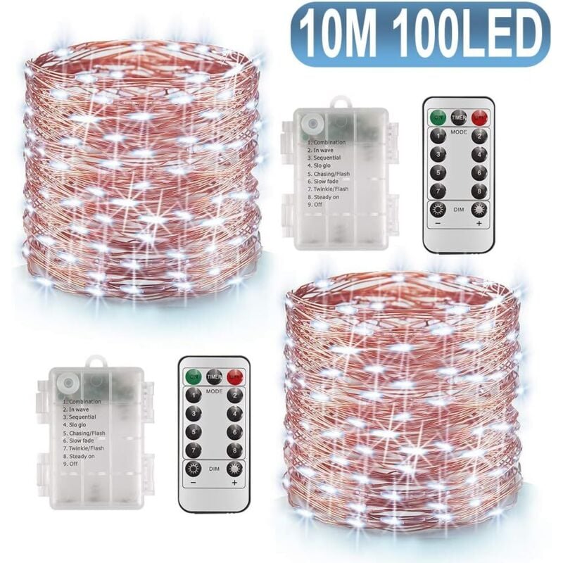 Luci a led da 10 m con 100 led, funzione timer a batteria e telecomando, IP65, impermeabili, per interni ed esterni, per Natale, matrimonio, casa,