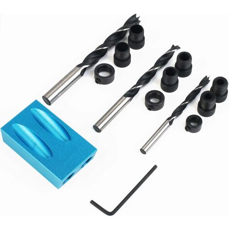 SOEKAVIA Dima di foratura per fori tascabili da 14 pezzi con 6/8/10 mm con giunto ad angolo di 15 ° Localizzatore di trapano per legno per guida per trapano ad angolo di lavoro a pisello con adattator