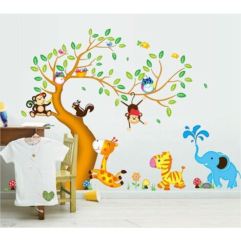 SOEKAVIA Felice albero animale dei cartoni animati con adesivi murali gufo scimmia zebra giraffa, decalcomanie murali rimovibili vivaio, 60 * 90 cm
