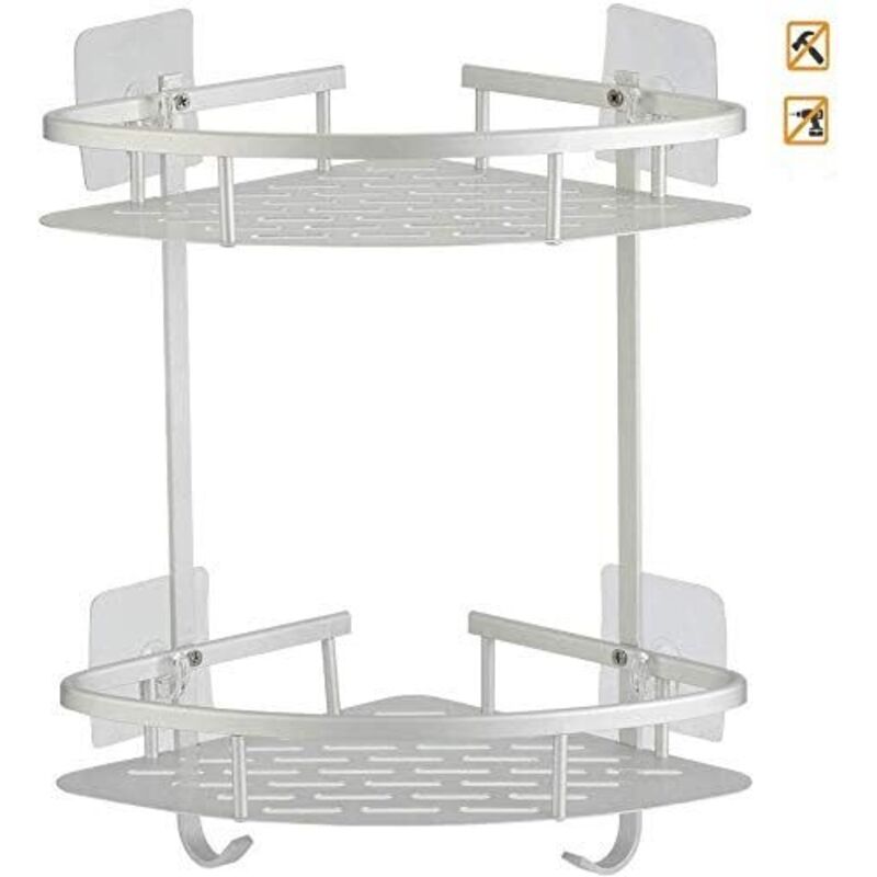 Fixer sans perçage Étagère de douche Étagère d'angle Étagère de salle de bain, 2 niveaux en acier inoxydable en Métal d'aluminium Salle de bain
