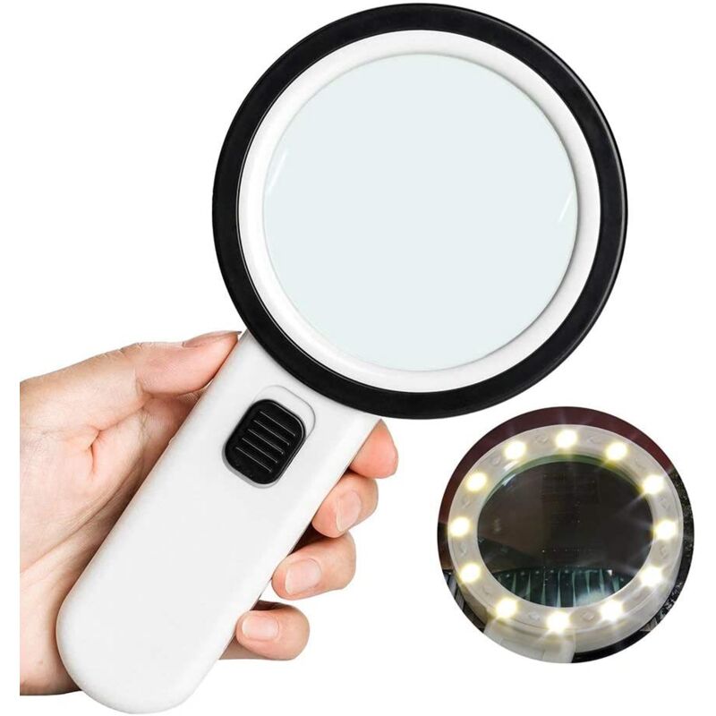 SOEKAVIA Loupe de lecture 10 × avec 12 LED, taille 106 mm, loupe à main sans distorsion avec double lentille en verre pour livres, journaux, bijoux,