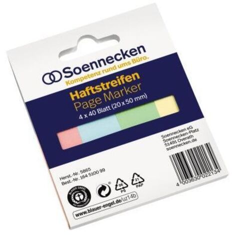 SOENNECKEN Haftmarker Soennecken Recycling 50 x 20 mm (B x H) rot blau grün gelb 40 Bl./Block 4Block/Pack.