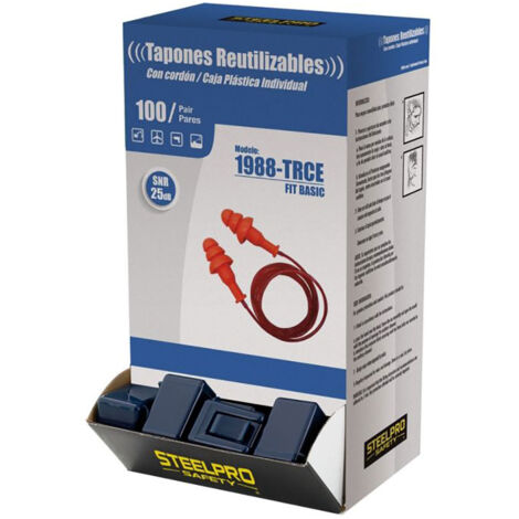 S.of. Affichage 100u Bouchon D'oreille De Base Réutilisable Avec Cordon Snr 25 Db Avec Boîte De Rangement. 1988trcen/u Steelpro