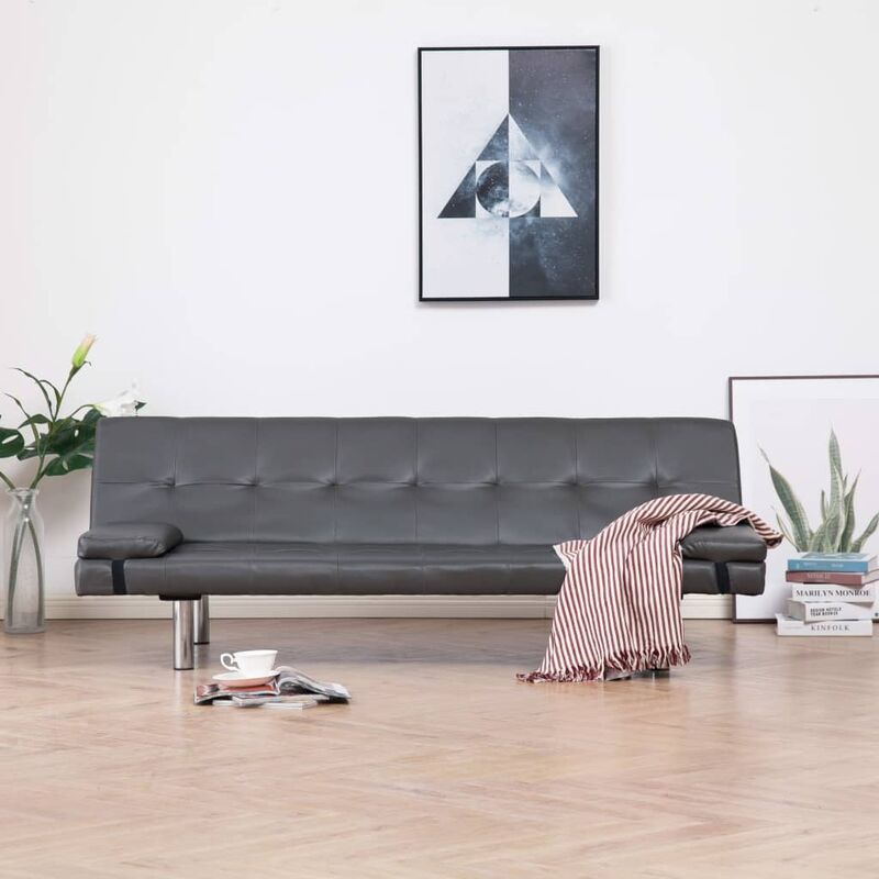 

Sofá cama con dos almohadas de cuero sintético gris - Gris