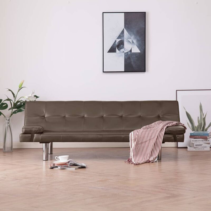 

Sofá cama con dos almohadas de cuero sintético marrón - Marrón