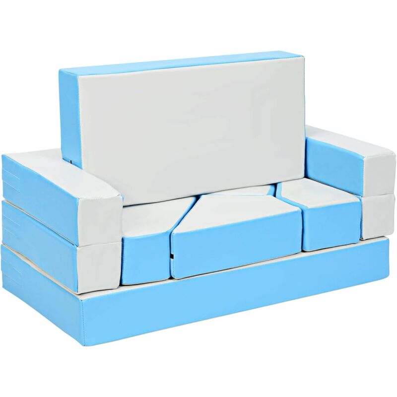 

Sofá Cama de Juego para Niños 4 en 1 Multiusos Muebles Banco Alfombra de Juguete para Cuarto de Infantil (Azul y Blanco)