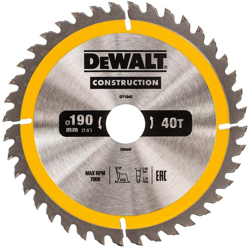 Lame scie circulaire construction TCT 190 x30 40T DeWalt