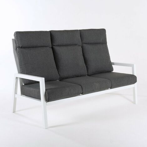 Sof jard n de aluminio reforzado color blanco, 3 plazas, Cojines color gris oscuro, Altura 104 cm