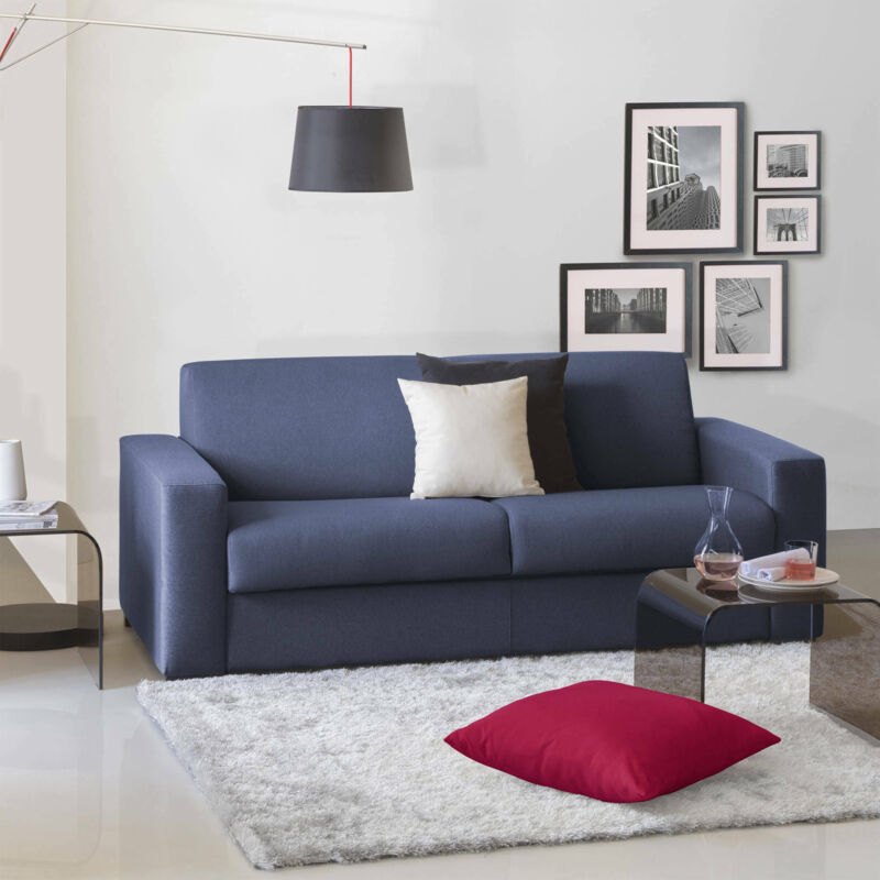

Sofá Portofino grande de 2 plazas, sofá de salón, Made in Italy, en tejido acolchado, con apoyabrazos delgados, Cm: 180x95h90, color azul - Talamo