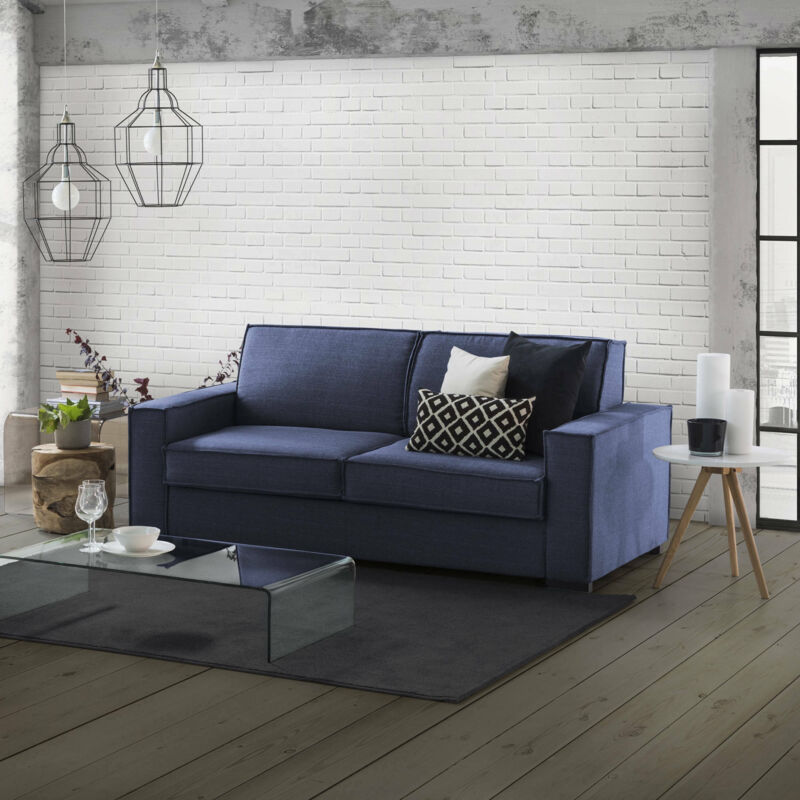 

Sofá grande Francesca con 2 asientos, sofá de sala, Made in Italy, en tejido acolchado, con apoyabrazos delgados, Cm: 180x95h90, color Azul - Talamo