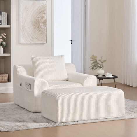 Sofá 147x110x67 cm pana beige — sillón grande con reposapiés y bolsillos laterales