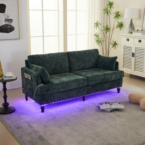 Sofá 2 plazas 175x83x78cm Multifuncional con USB, LED, Bolsillos laterales, Poliéster esmeralda