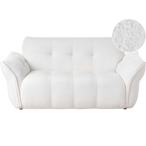 Sofá 2 plazas minimalista con respaldo y parte delantera de bouclé patas de madera negras con tapones sala de estar acogedora blanco Halba