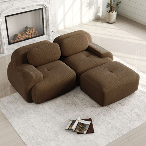 Sofá 2 plazas modular esquinero de pana con respaldo ajustable y reposabrazos curvados color marrón