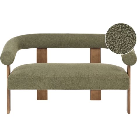 Sofá 2 plazas retro salón tapizado de bouclé patas de madera verde y marrón oscuro Ilbro