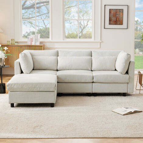 Sofá 220x83x81 Cm Lino Beige, 3-4 Plazas Con Reversible Móvil Y 5 Cojines Incluidos