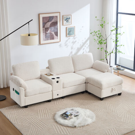 Sofa 266x136x82 cm mit abnehmbaren Armlehnen und Fußstütze, USB-Anschluss, Sperrholz, beigefarbener Cord