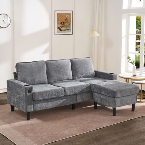 Sofa 3 plazas 202x70x80 cm con reposapiés, USB, Tipo C, con 2 portavasos, lino, gris
