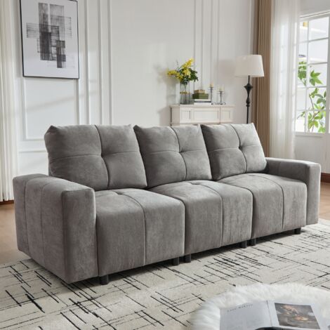 Sofá 3 plazas chenilla gris con espuma y madera maciza, 213x94x84 cm, respaldo ajustable y función cama